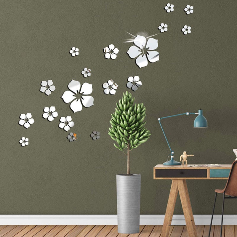 AQRICHFOX 18pcs Acrylic Mirror Wall Sticker Decal for Home Living Room Bedroom Decor 3D Flower DIY Wall Decoration Silver - Image 2